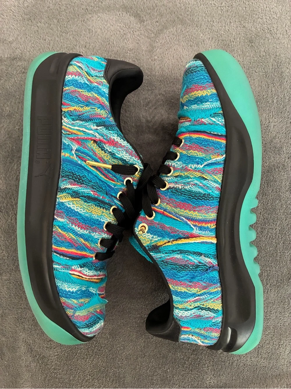 Puma Coogi Men’s Turquoise Multicolor Knit Sneakers with Black Laces